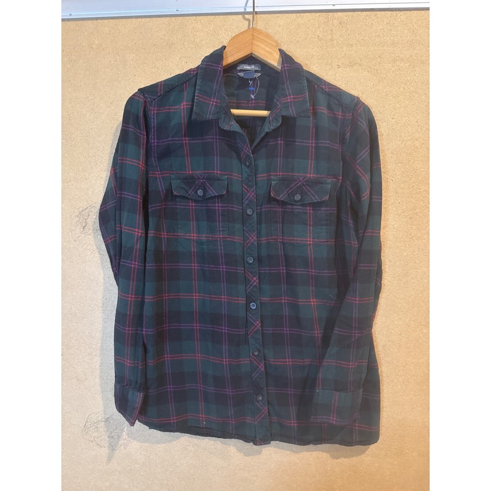 Eddie Bauer Womens Large Classic Fit Flannel Plaid Button Down Shirt Green Pink
